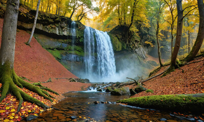 A tall waterfall cascades down a rocky cliff, surrounded by trees with vibrant autumn foliage