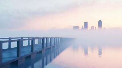 Naklejka premium Fog-covered bridge, city skyline backdrop, mysterious view, 3D illustration