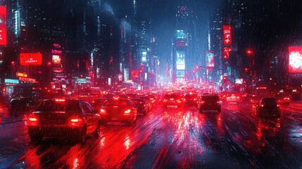 Vehicles navigate through a rain-soaked Times Square illuminated by glowing neon signs, creating a lively yet moody atmosphere