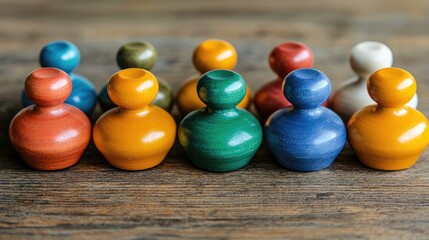 Naklejka premium Colorful wooden game pieces arranged on a wooden surface, showcasing varying shades and a playful design.