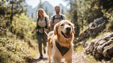 Happy golden retriever hiking with owners on mountain trail