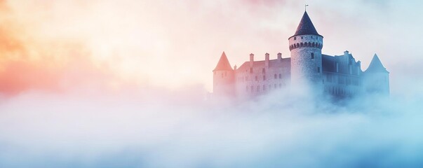 Naklejka premium Foggy castle, surrounded by mist, medieval charm, 3D illustration