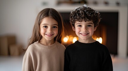 Two smiling children in cozy sweaters stand together by a softly glowing fireplace, radiating warmth and joy.