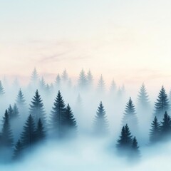 Foggy forest, soft cloud layers, mysterious ambiance, 3D illustration