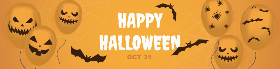Happy Halloween banner design. Party invitation orange template with creepy flying balloons with evil smiles and skull face expression, spooky spiders print and flying black bats. Vector illustration.