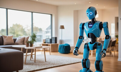 A blue robot stands in a modern living room, looking around with an inquisitive expression