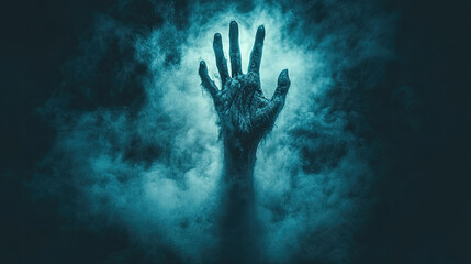 A ghostly hand emerges from the fog, creating a haunting atmosphere filled with suspense and mystery in a dimly lit environment