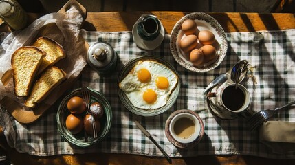 A traditional breakfast table set with eggs, toast, and coffee on a checkered cloth, creating a homely and classic scene.