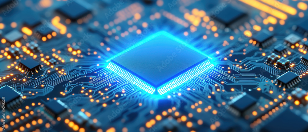 Aufkleber close-up view of a glowing microchip on a circuit board, showcasing intricate details and advanced t