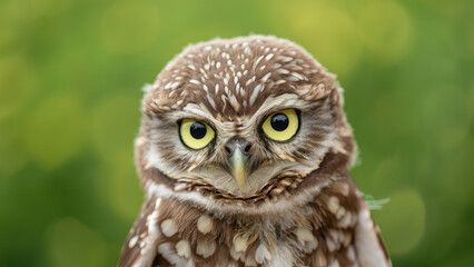 Curious owl staring with wide yellow eyes