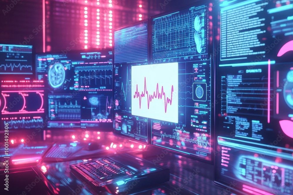 Poster a white screen is in front of a wall of monitors displaying stock prices