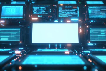 A white screen is in front of a wall of monitors displaying stock prices