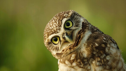 Curious owl staring with wide yellow eyes