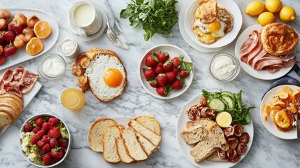 A variety of traditional breakfast foods arranged on a marble surface, creating a classic and elegant setting.