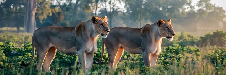 A photo of two lions standing side by side in a sunlit field, surrounded by lush green vegetation and towering trees in the background.