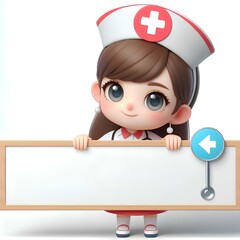 3D vector doll of a nurse holding a tablet in her hands.
