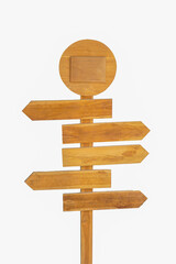 Isolated wooden signs on a white background for writing directions, announcements, advertisements, public relations, decoration accessories. Soft and selective focus.