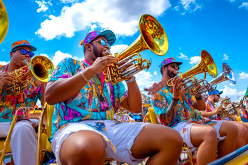 A brass band performing on a float. 