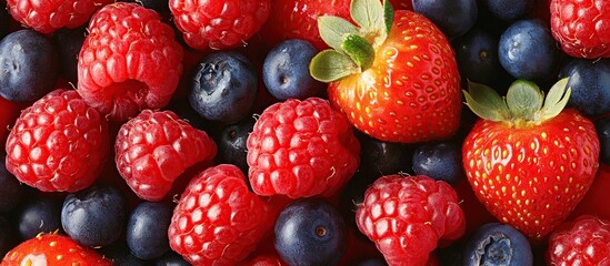 Obraz premium Colorful Medley of Berries. Mixed Berries Fruit Wallpaper Background