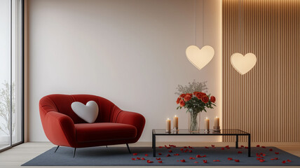 Valentine's Day Bedroom with Rose Petals and Heart Decorations

