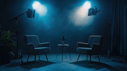 Two chairs with microphones positioned under focused spotlights, dark background enhancing the podcast room setup for media conversations