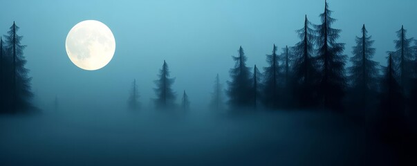 Moonlit fog, drifting over a haunted forest, ghostly ambiance, 3D illustration