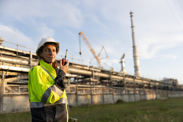 A top-notch female chemical supervisor, making sure the plans are on track by using radio...