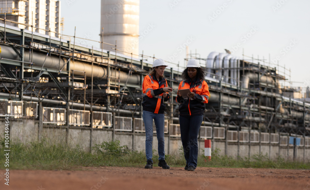 Wall mural two brilliant female engineers engaged in a dynamic discussion at a bustling refinery plant in the h