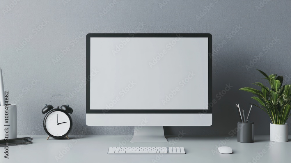 Poster modern workspace with computer monitor