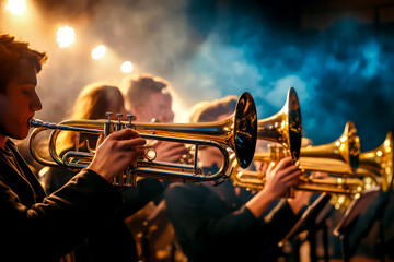 A brass band playing on a stage. 