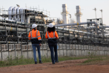 Fototapeta na wymiar Two brilliant female engineers engaged in a dynamic discussion at a bustling refinery plant in the heart of the industry. Embracing diversity and driving innovation in engineering.