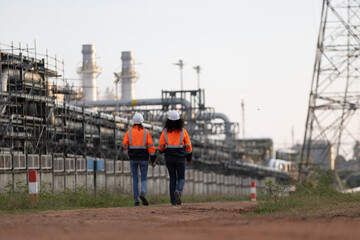 Two brilliant female engineers engaged in a dynamic discussion at a bustling refinery plant in the heart of the industry. Embracing diversity and driving innovation in engineering.