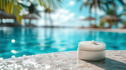 Cream Jar by the Poolside. Face Body Care Summer Beauty Treatment