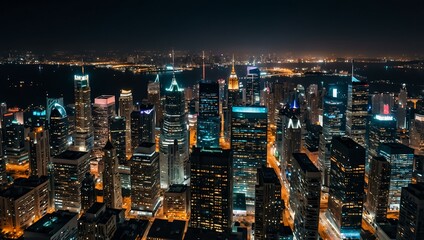 Aerial view of a vibrant city skyline at night.