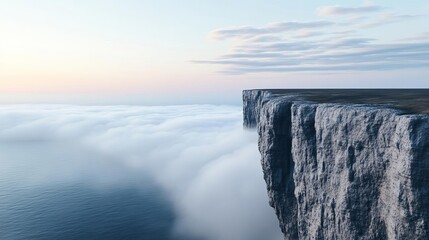 Seaside cliff, fog rolling in, ocean waves, 3D illustration