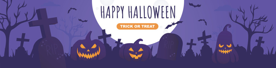 Happy Halloween banner design. Party invitation template with spooky pumpkins with glowing evil smile, huge mystery moon at night, flying bats, cemetery tombstones silhouette. Vector illustration.
