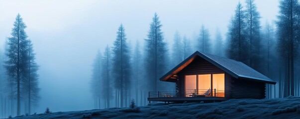 Fototapeta premium Secluded cabin, nestled in foggy woods, warm light, 3D illustration