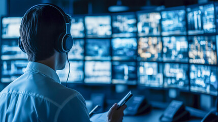 Man wearing headphones monitors multiple security screens in dark room, representing surveillance, technology, and data analysis