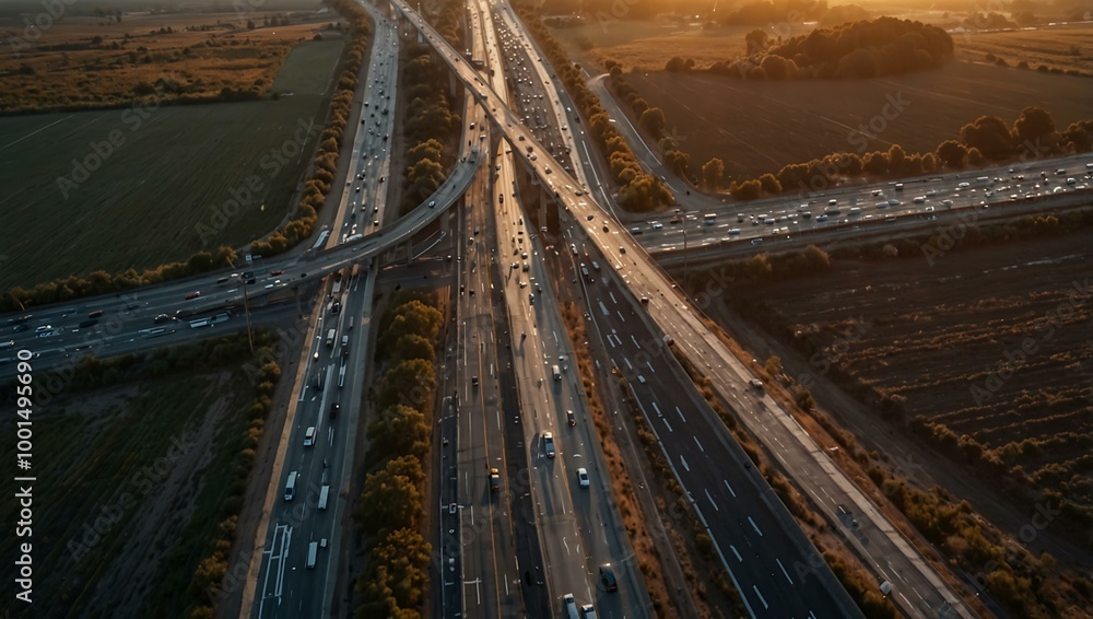 Poster aerial view of high-speed roadways at dawn, creating an abstract background.