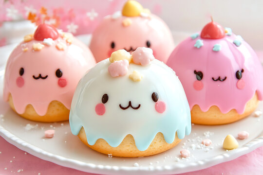 Cute biscuit cakes in kawaii style with adorable pastel colors and smiley faces bring a playful, animated charm to desserts. Perfect for bakery, kawaii art, and fun food themes.