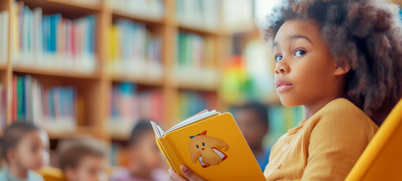 Young girl reading picture book in cozy library setting, with colorful bookshelves in the background, representing education, and childhood learning