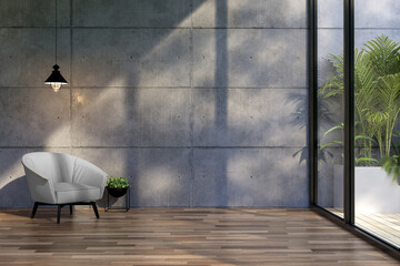 Modern contemporary loft style living room with empty concrete wall for copy space 3d render the...