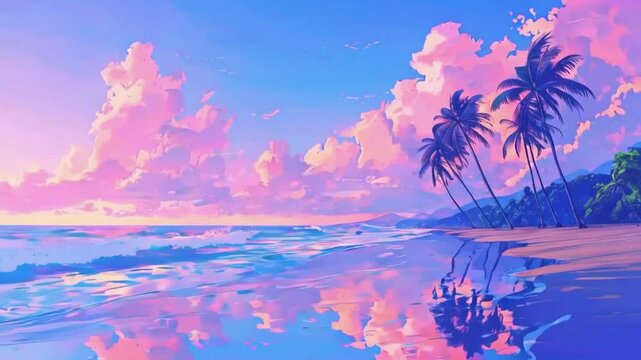 A pixel-art inspired lo-fi clouds and palm trees. Retro waves wash sunset colors warm orange to deep purple, 90s game vibe, 4k Hand-drawn Anime-style Lofi 4K Music Video Background