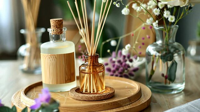 Two reed diffusers and a vase of flowers sit on a wooden tray