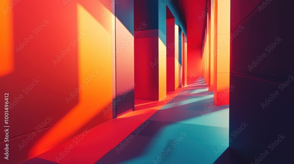 Poster abstract building design with bold, colorful gradients casting striking shadows, creating an innovat