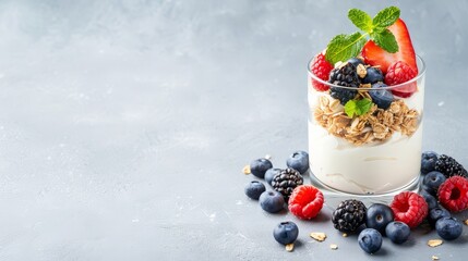 Breakfast parfait with yogurt, granola, and fresh fruit layers, clean background