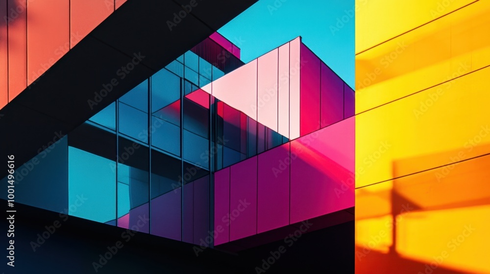 Poster abstract building design with bold, colorful gradients casting striking shadows, creating an innovat