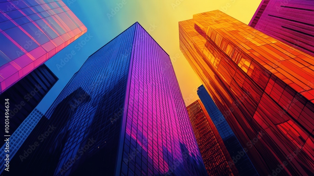 Poster abstract building design with bold, colorful gradients casting striking shadows, creating an innovat