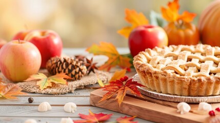 Fototapeta premium Rustic apple pie on a table with autumn decorations, warm and inviting