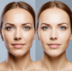 A comparison of a woman&rsquo;s face before and after a beauty treatment, showcasing improvements in skin texture and radiance.